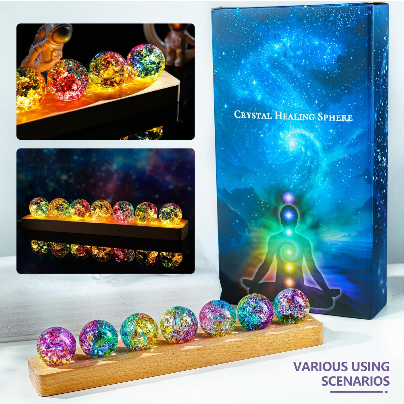 7 Chakra Natural Healing Spheres with LED Wooden Stand 40mm Crystal Quartz Stones for Meditation Positive Energy Night Light Decoration Balls Set for Home
