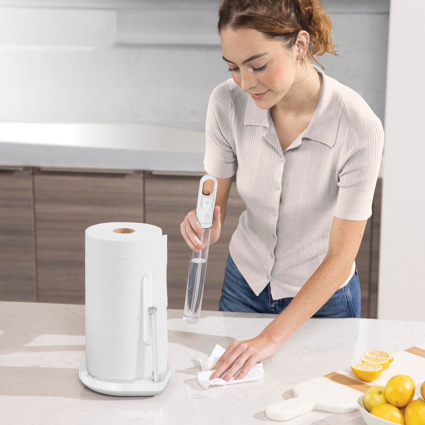 simplehuman Standing Paper Towel Holder with Spray Pump, Brass Stainless Steel, Gold