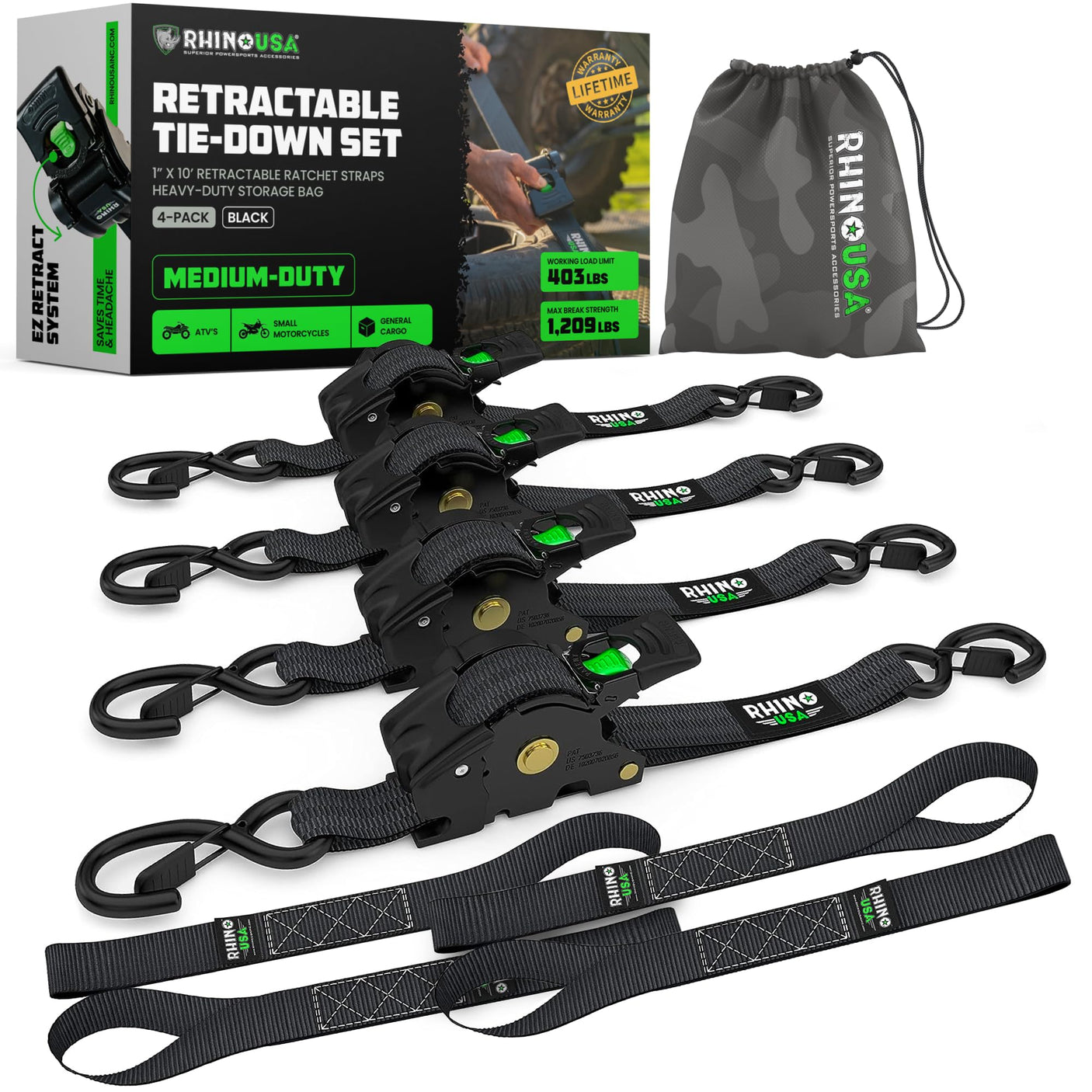 Rhino USA Retractable Ratchet Straps (4-Pack) - 1 Inch x 10 Feet (1,209lb Break Strength) - Heavy Duty Auto Self Retracting Tie Down Straps for Truck, Cargo Trailer, Motorcycle, Rad & More - Green