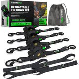 Rhino USA Retractable Ratchet Straps (4-Pack) - 1 Inch x 10 Feet (1,209lb Break Strength) - Heavy Duty Auto Self Retracting Tie Down Straps for Truck, Cargo Trailer, Motorcycle, Rad & More - Green