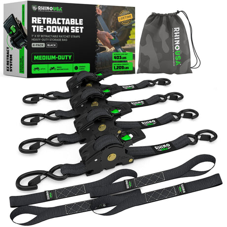 Rhino USA Retractable Ratchet Straps (4-Pack) - 1 Inch x 10 Feet (1,209lb Break Strength) - Heavy Duty Auto Self Retracting Tie Down Straps for Truck, Cargo Trailer, Motorcycle, Rad & More - Green