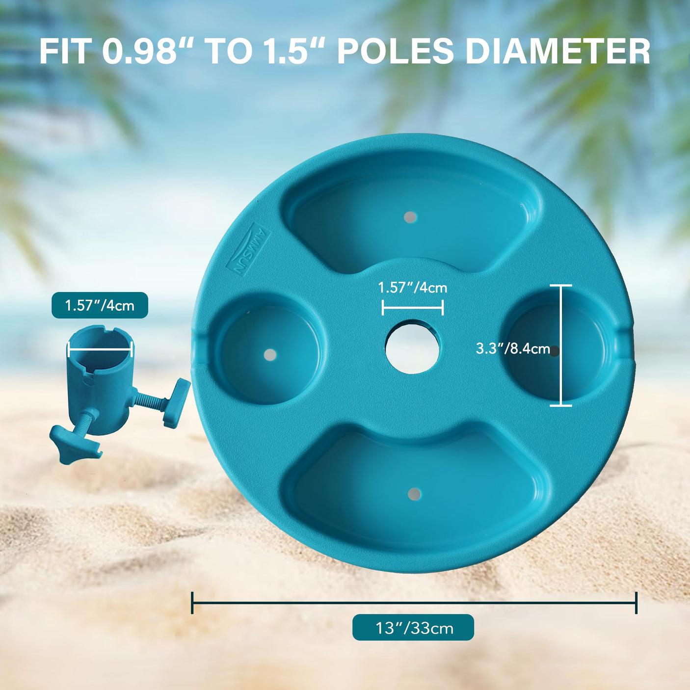 AMMSUN 13" Beach Umbrella Table Tray for Beach, Patio, Garden, Swimming Pool with Cup Holders, Snack Compartments Teal