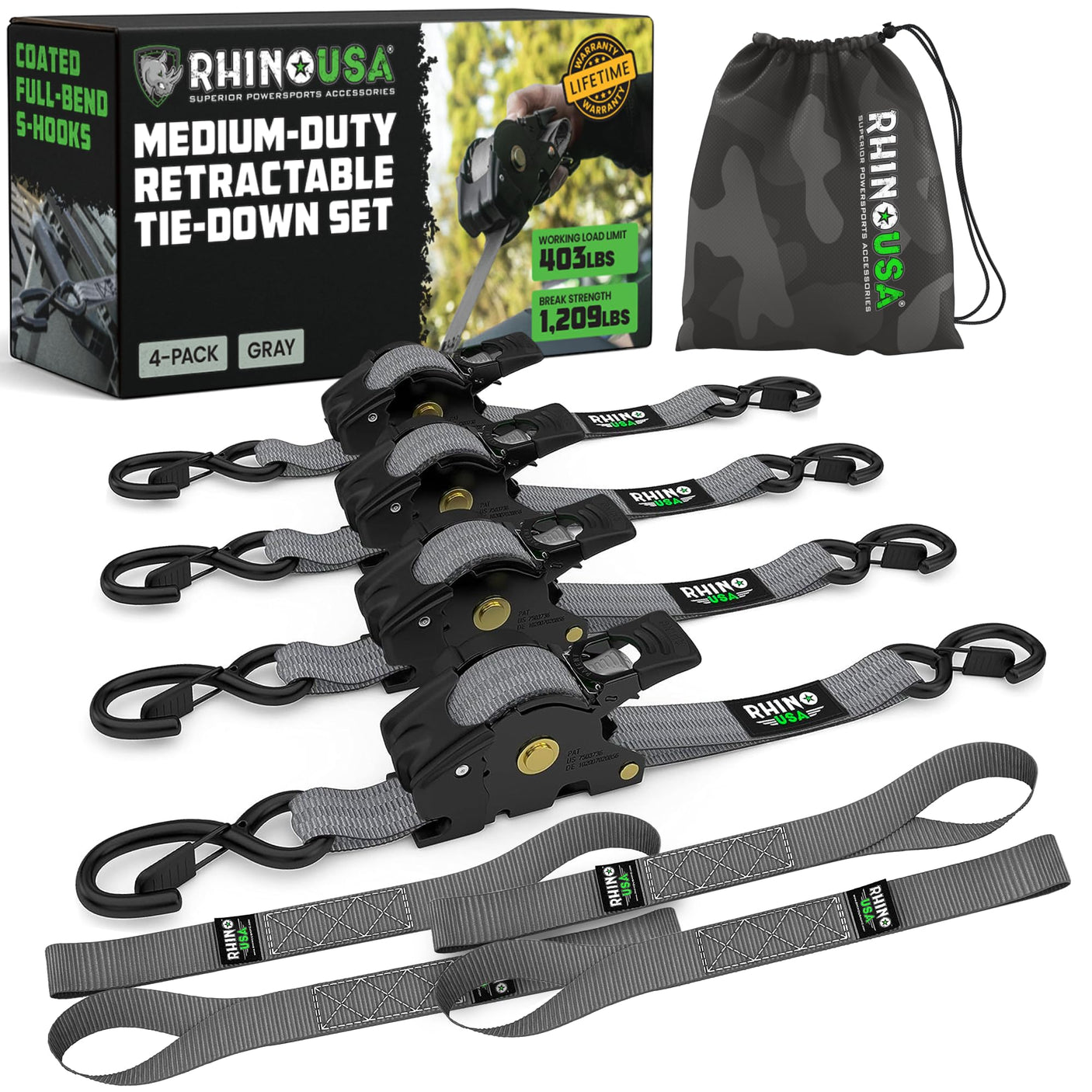 Rhino USA Retractable Ratchet Straps (4-Pack) - 1 Inch x 10 Feet (1,209lb Break Strength) - Heavy Duty Auto Self Retracting Tie Down Straps for Truck, Cargo Trailer, Motorcycle, Rad & More - Green