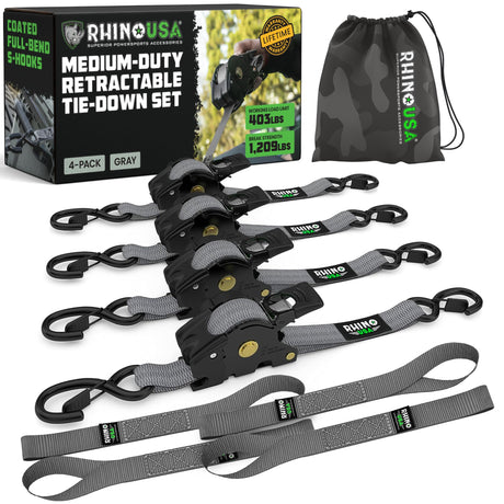 Rhino USA Retractable Ratchet Straps (4-Pack) - 1 Inch x 10 Feet (1,209lb Break Strength) - Heavy Duty Auto Self Retracting Tie Down Straps for Truck, Cargo Trailer, Motorcycle, Rad & More - Green