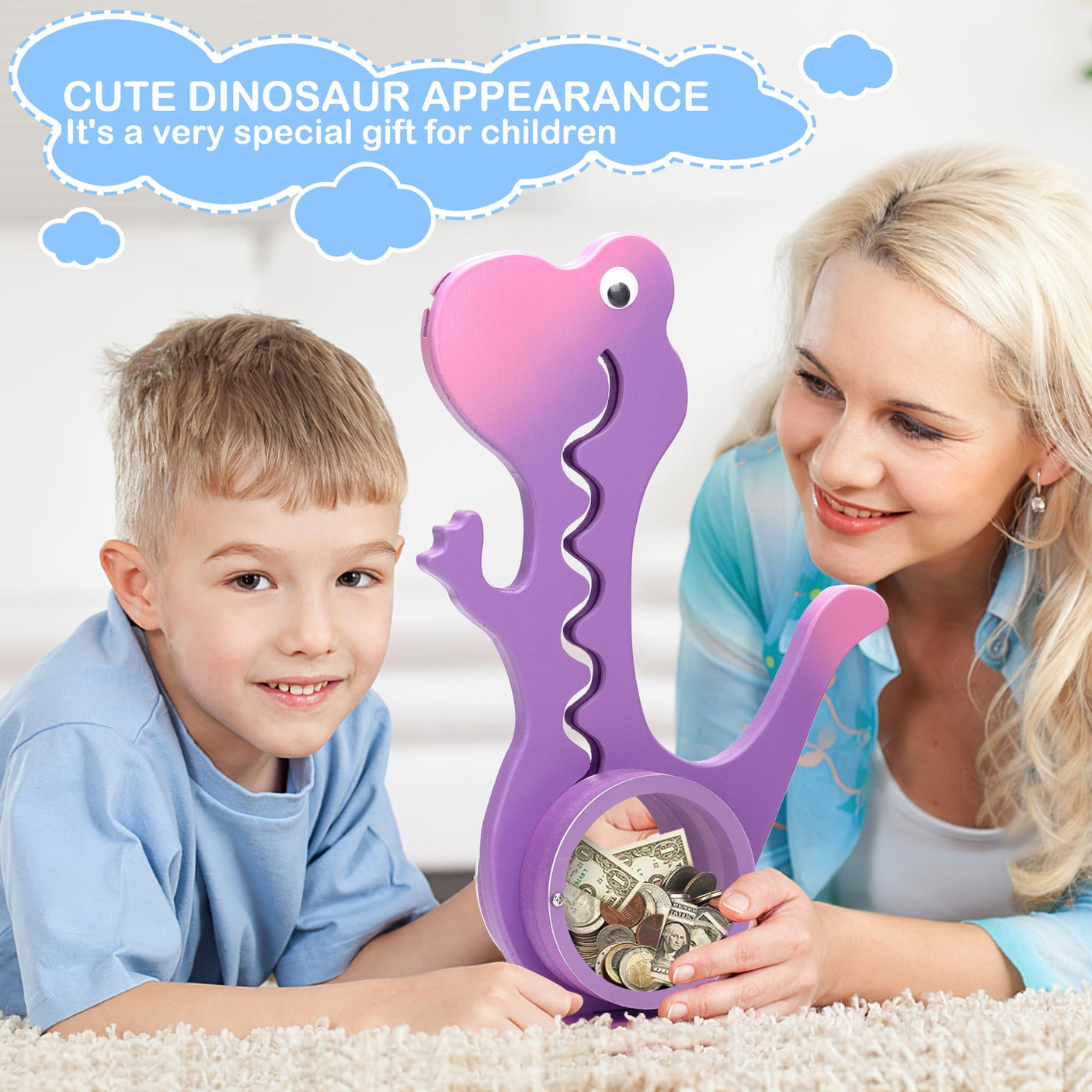 Wooden Dinosaur Piggy Bank Boalord for Boys Kids Girls Clear Big Belly Animal Coin Bank for Toddler Real Money Toy（Dino-Blue）