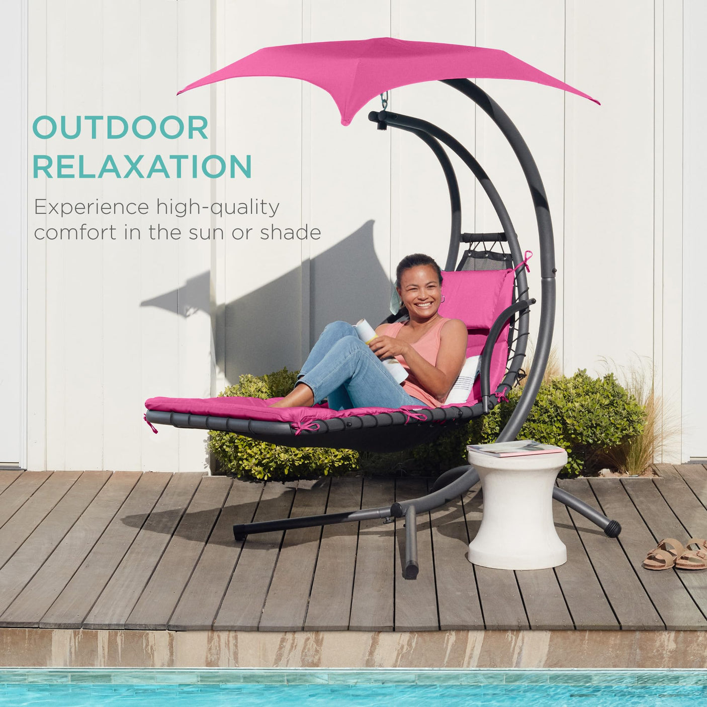 Best Choice Products Outdoor Hanging Curved Steel Chaise Lounge Chair Swing w/Built-in Pillow and Removable Canopy -Red