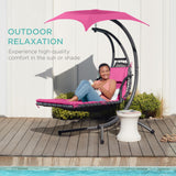Best Choice Products Outdoor Hanging Curved Steel Chaise Lounge Chair Swing w/Built-in Pillow and Removable Canopy -Red