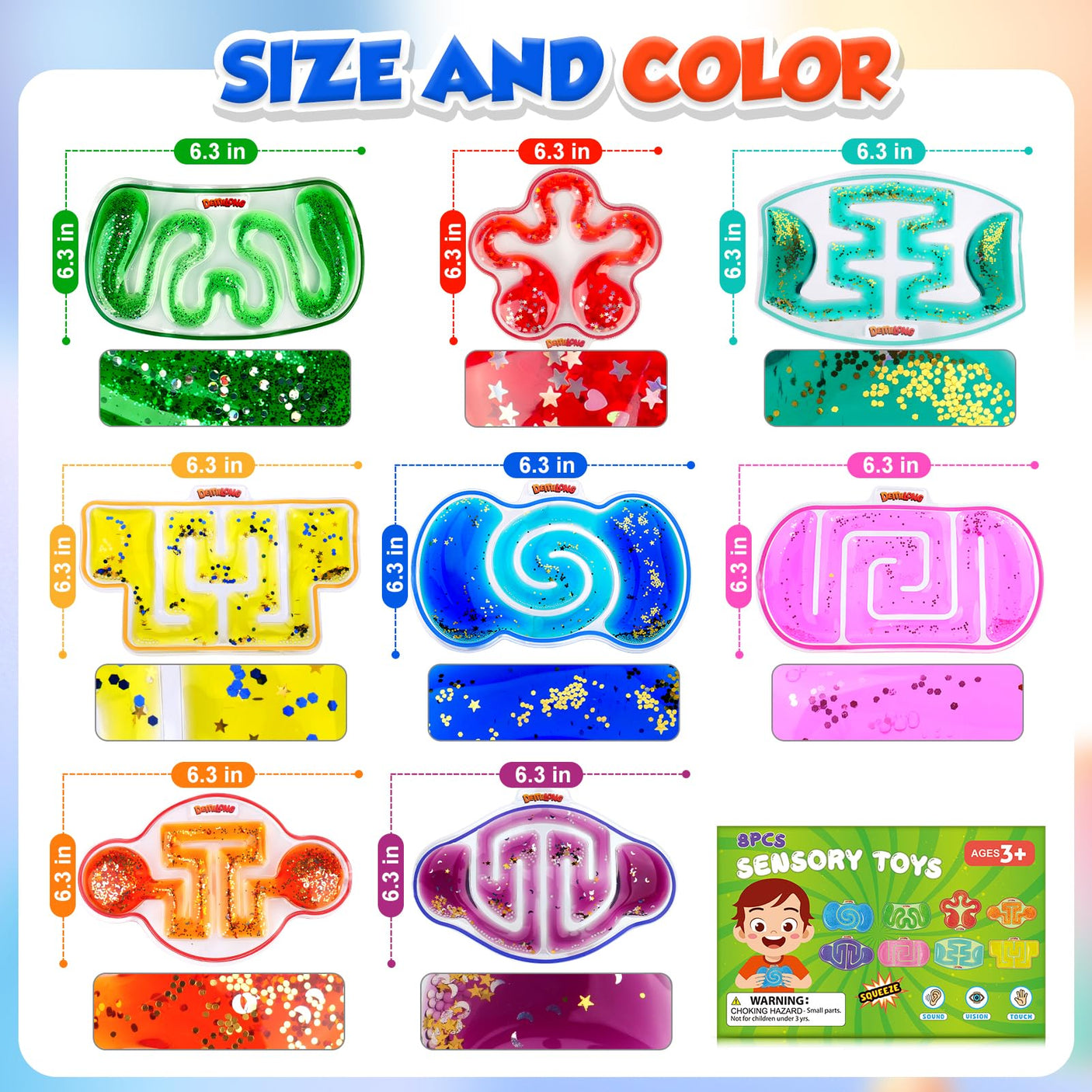 Squishy Sensory Toys for Kids - 4 Pack Fidget Toy Sensory Maze for Autism - Stress Relief Toys for Calm Down - Squeeze Fidget Toy Filled Goo, Glitter, Prizes for Kids Classroom,Classroom Must Haves