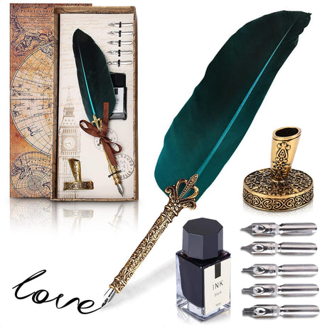 Lagarto Secure Counter Pens - 11.4" Stainless Steel Red Antique Feather Quill Pen and Ink Set with Nib for Calligraphy Practice, Drawing & Signatures - Security Pens for Beginners and Enthusiast