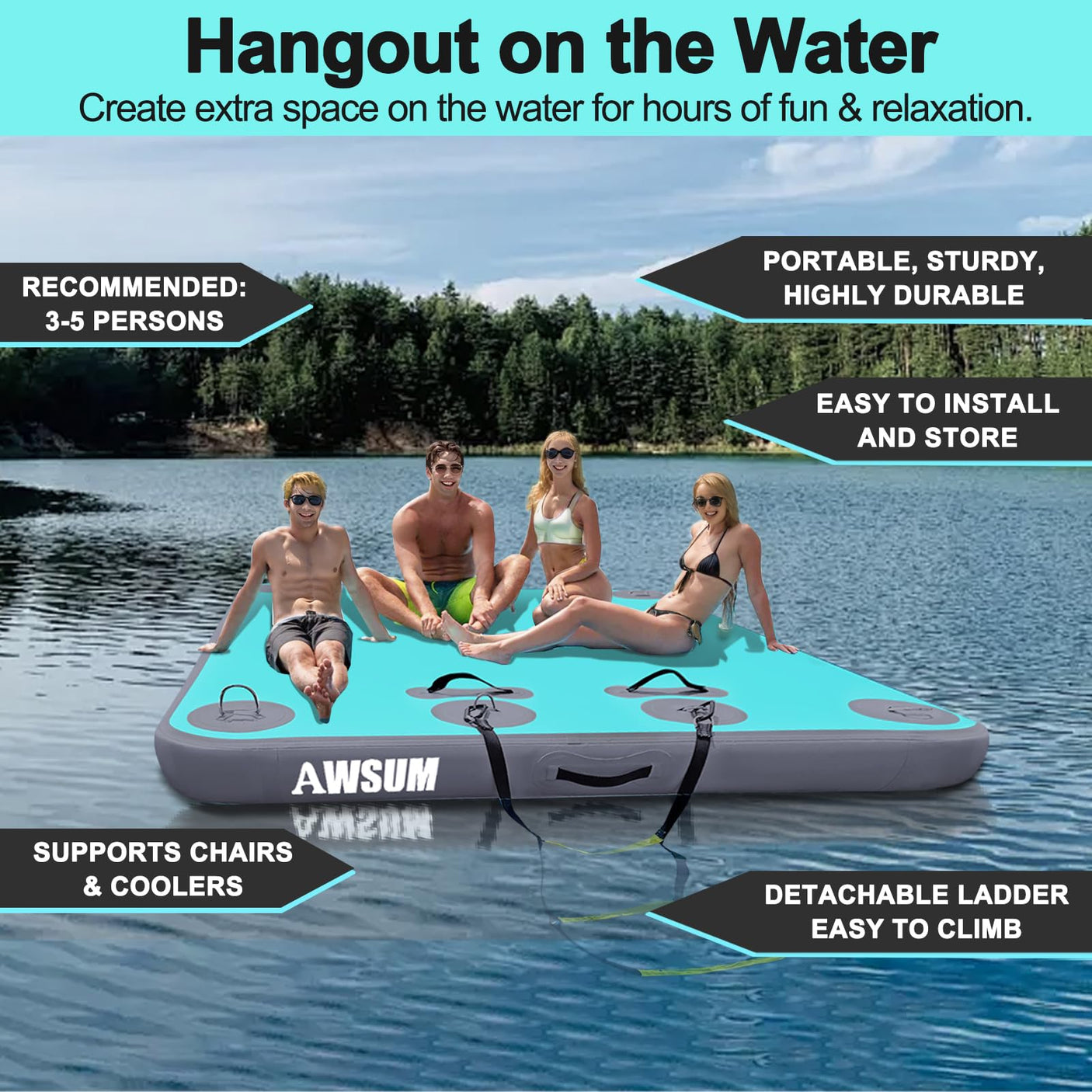 AWSUM Inflatable Floating Dock Air Dock Platform Floating Island Raft with None-Slip Surface for Pool Beach Ocean