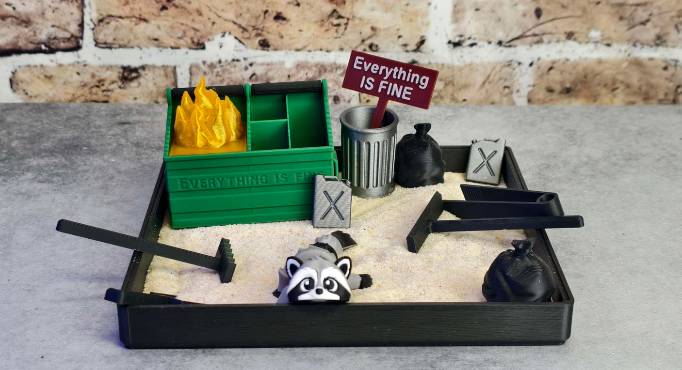 Munnygrubbers - Dumpster Fire Zen Garden - Made in USA - Large 7" x 7" - Fine Sand Included - Desk Accessory Box Garden - Funny Novelty Gift - Fidget Stress Relief