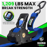Rhino USA Retractable Ratchet Straps (4-Pack) - 1 Inch x 10 Feet (1,209lb Break Strength) - Heavy Duty Auto Self Retracting Tie Down Straps for Truck, Cargo Trailer, Motorcycle, Rad & More - Green