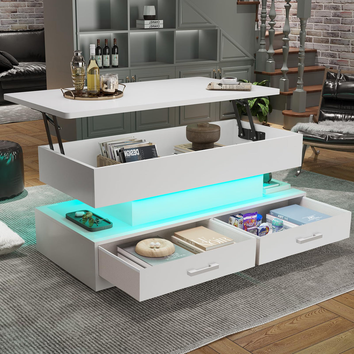 SEDETA 40" Lift Top Coffee Table, Coffee Tables with Storage for Living Room, Small Coffee Table with 2 Fabric Drawers & LED Light for Dining Reception Room, Black