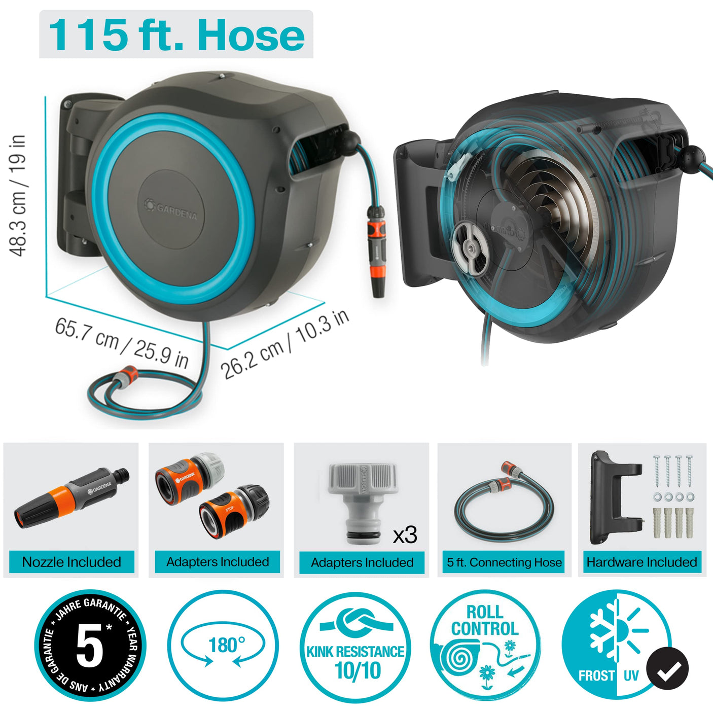 GARDENA 20505, 100' Retractable Garden Hose Reel with US Hose Threads - 100' x 1/2" hose, Automatic Retraction & Length Lock for Easy Watering. Heavy Duty Swivel Bracket 180°, Includes Nozzle.