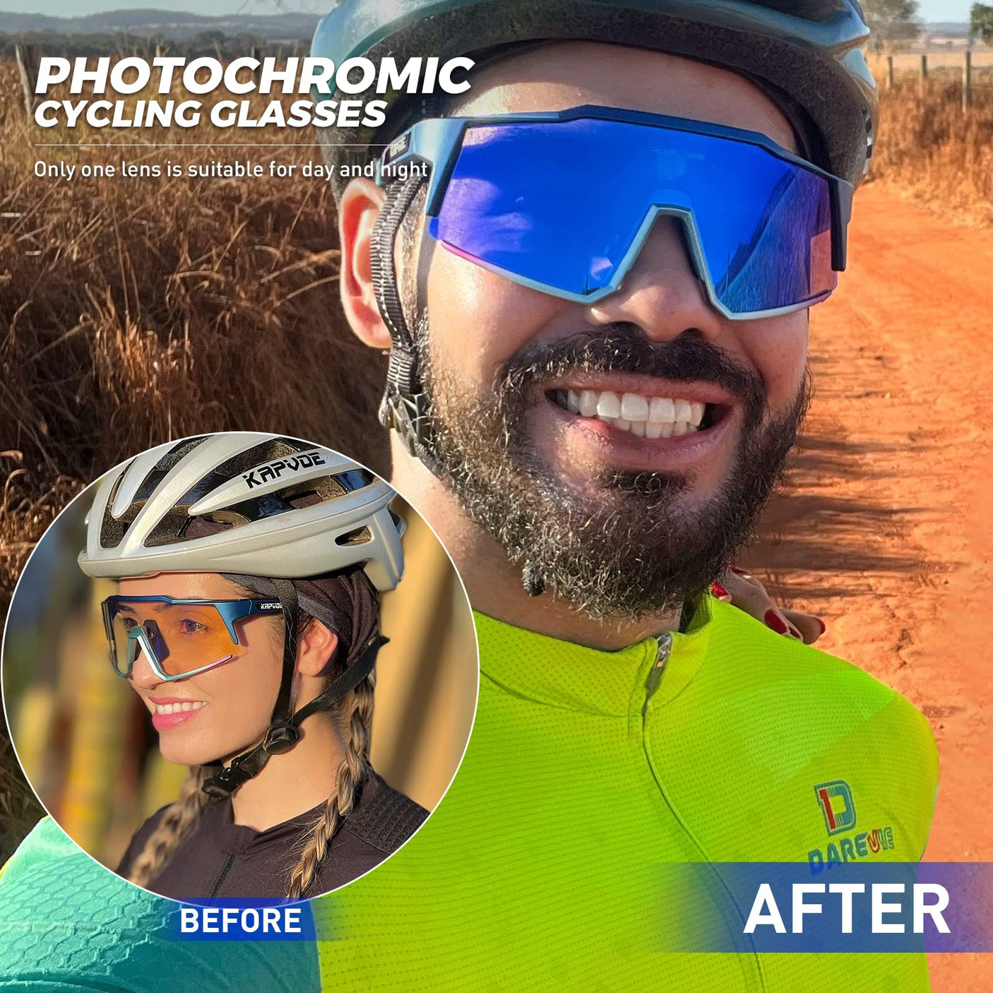 KAPVOE Photochromic Cycling Glasses MTB Clear Mountain Bike Transition Bicycle Sunglasses for Men Women - K9022