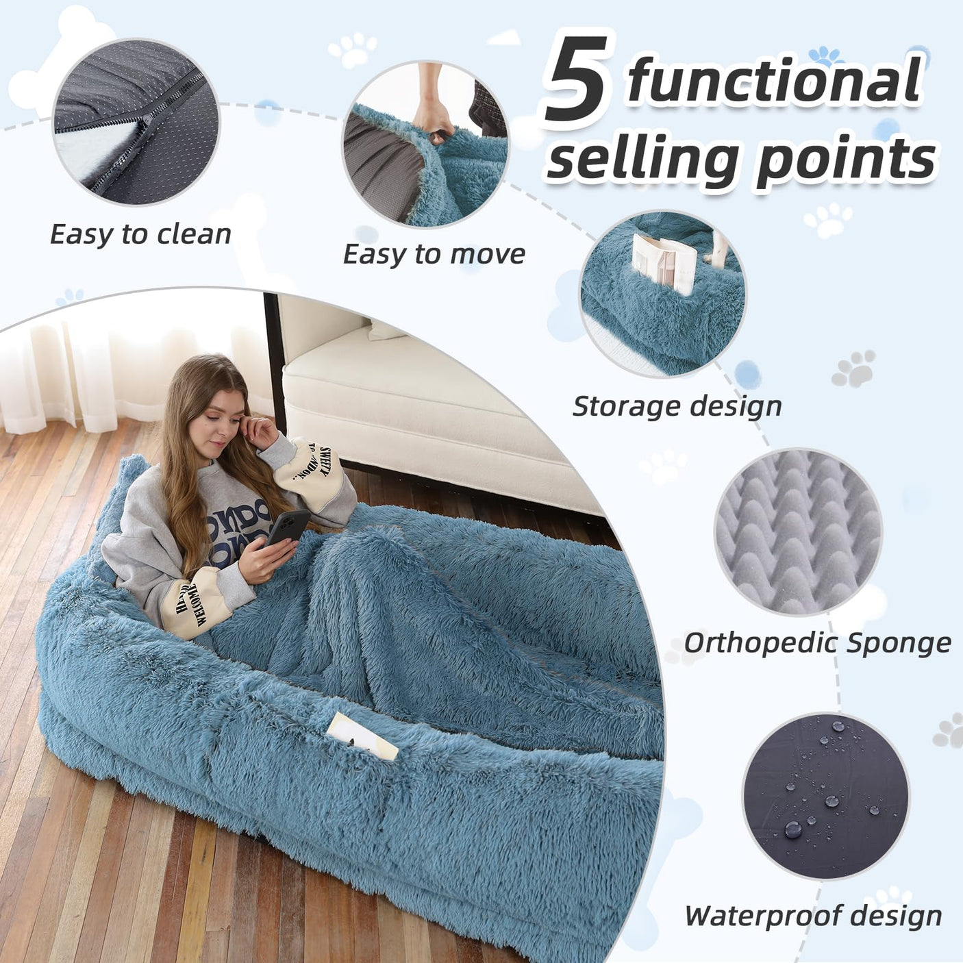 Human Dog Bed, Large Dog Beds for Humans Size Fits You and Pets, Washable Faux Fur Orthopedic Human Pet Bed for People Doze Off, Napping, Present Pillow, Blanket, Strap - Khaki