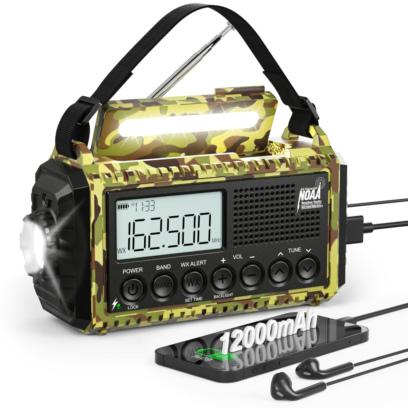 NOAA Weather Radio, Emergency Hand Crank Radio with Solar Charger, Portable Battery Operated AM FM Shortwave Radio with LED Flashlight, USB Charger, Earbud Jack, SOS Alert for Home Survival Hurricane