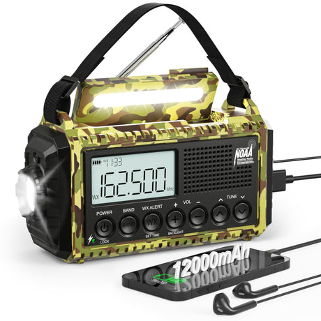 NOAA Weather Radio, Emergency Hand Crank Radio with Solar Charger, Portable Battery Operated AM FM Shortwave Radio with LED Flashlight, USB Charger, Earbud Jack, SOS Alert for Home Survival Hurricane