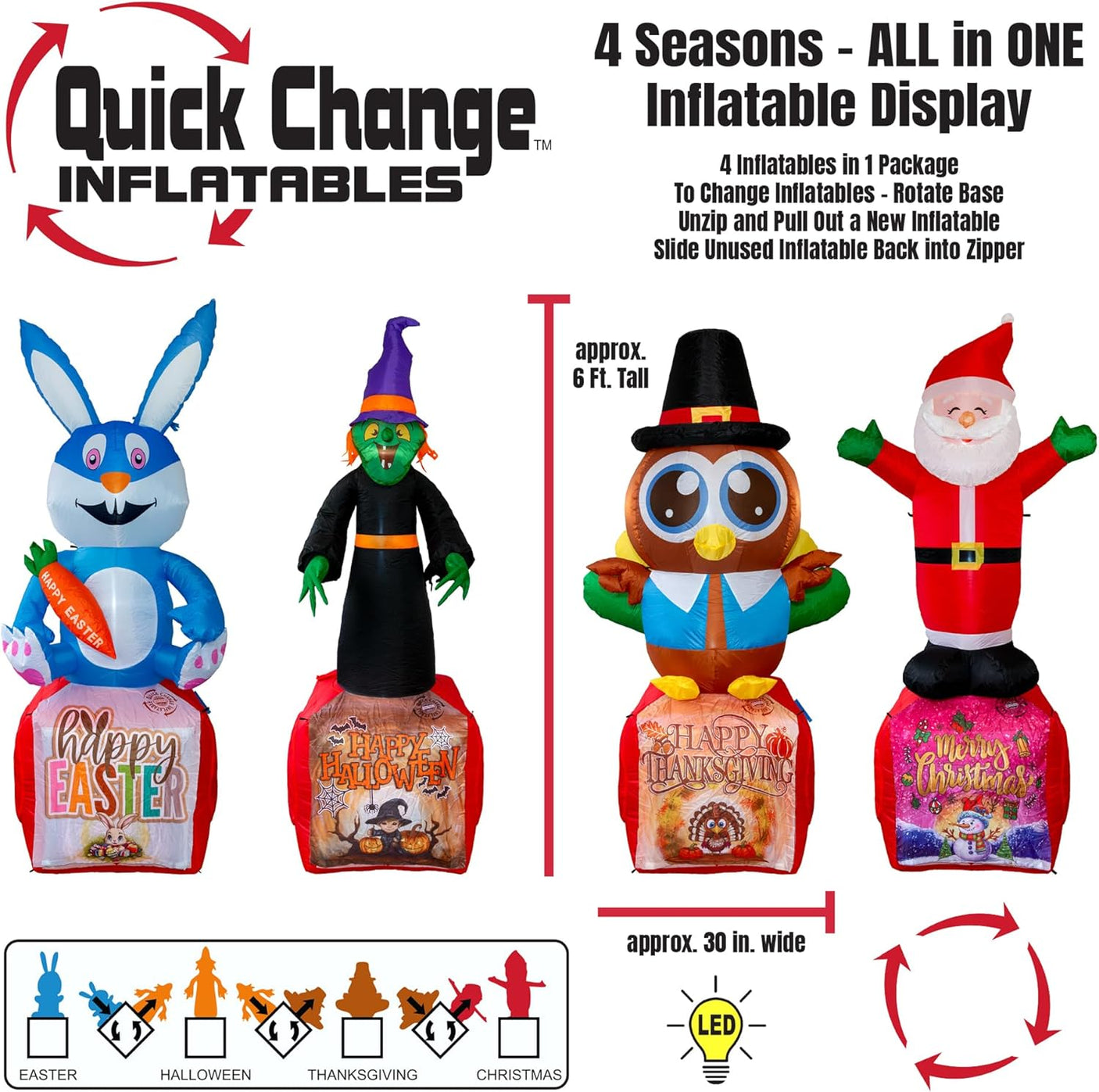 Inflatable 4-in-1 Holiday Yard Decoration – Easter, Halloween, Thanksgiving & Christmas with LED Lights, Built-in Blower, Compact Storage | Indoor & Outdoor Use, UL Certified