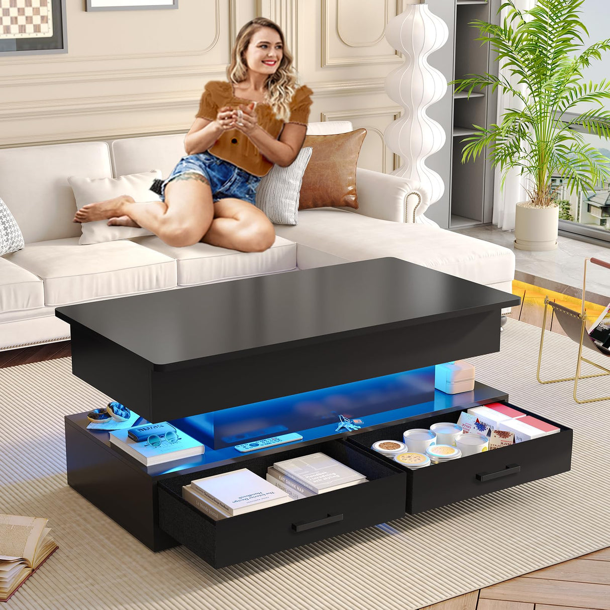 SEDETA 40" Lift Top Coffee Table, Coffee Tables with Storage for Living Room, Small Coffee Table with 2 Fabric Drawers & LED Light for Dining Reception Room, Black