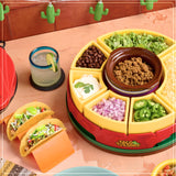 Nostalgia Taco Tuesday Heated Lazy Susan Taco Bar Serving Set for a Party with 4 Tortilla Holders, Fondue Pot for Burritos, Nachos, and Fajitas - 20 Oz. - Red