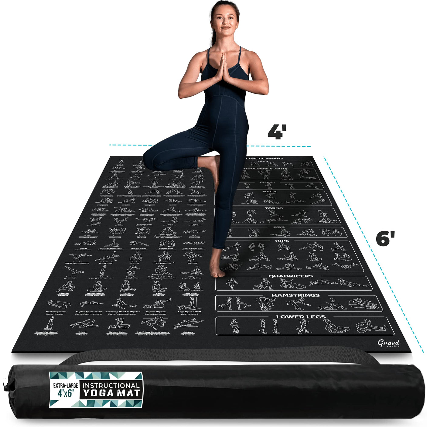 Extra-Large Instructional Yoga Mat with Poses Printed On It - 3X Bigger & 2X Wider than Regular Workout Mats - 150 Illustrated Yoga Poses and Stretches - Wide, Non-Slip, Barefoot Exercise Mat