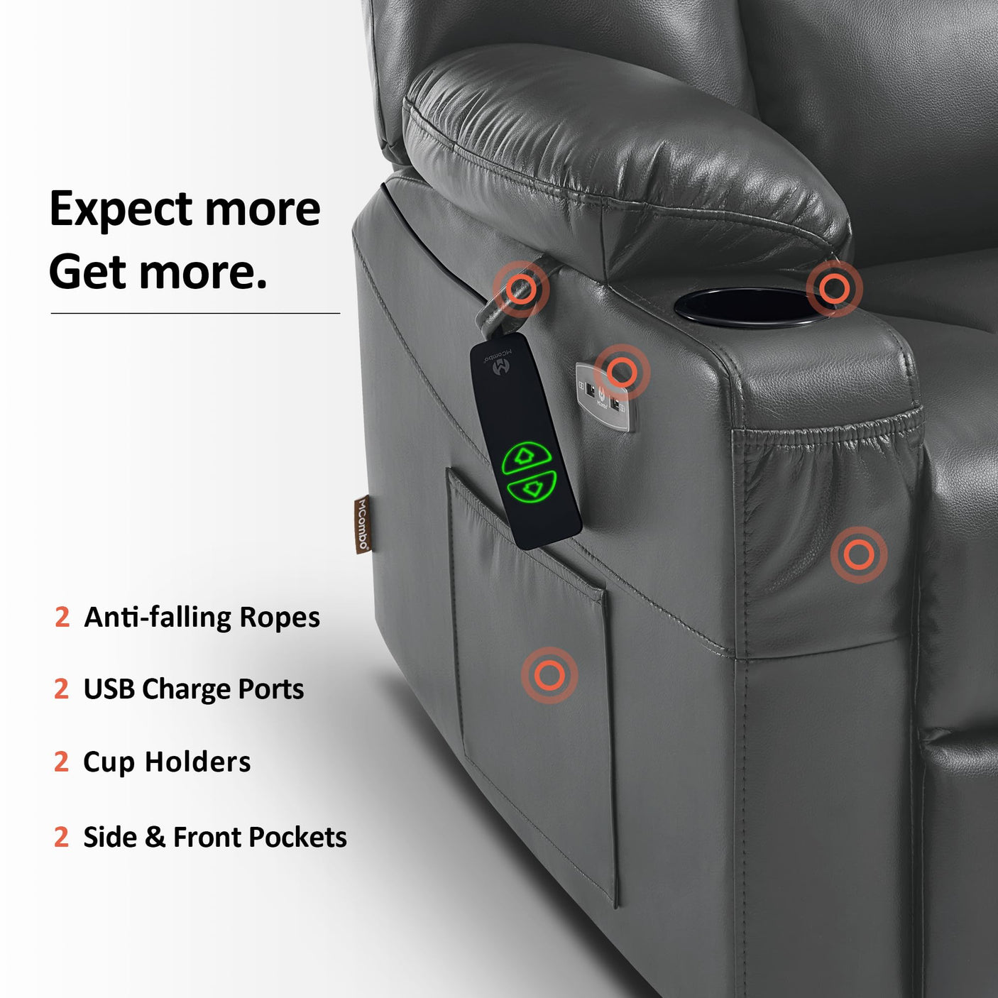 MCombo Power Lift Recliner Chair for Elderly, Lift Chair with Heat and Massage, USB Ports, Cup Holders, Faux Leather 7519 (Medium, Dark Brown)
