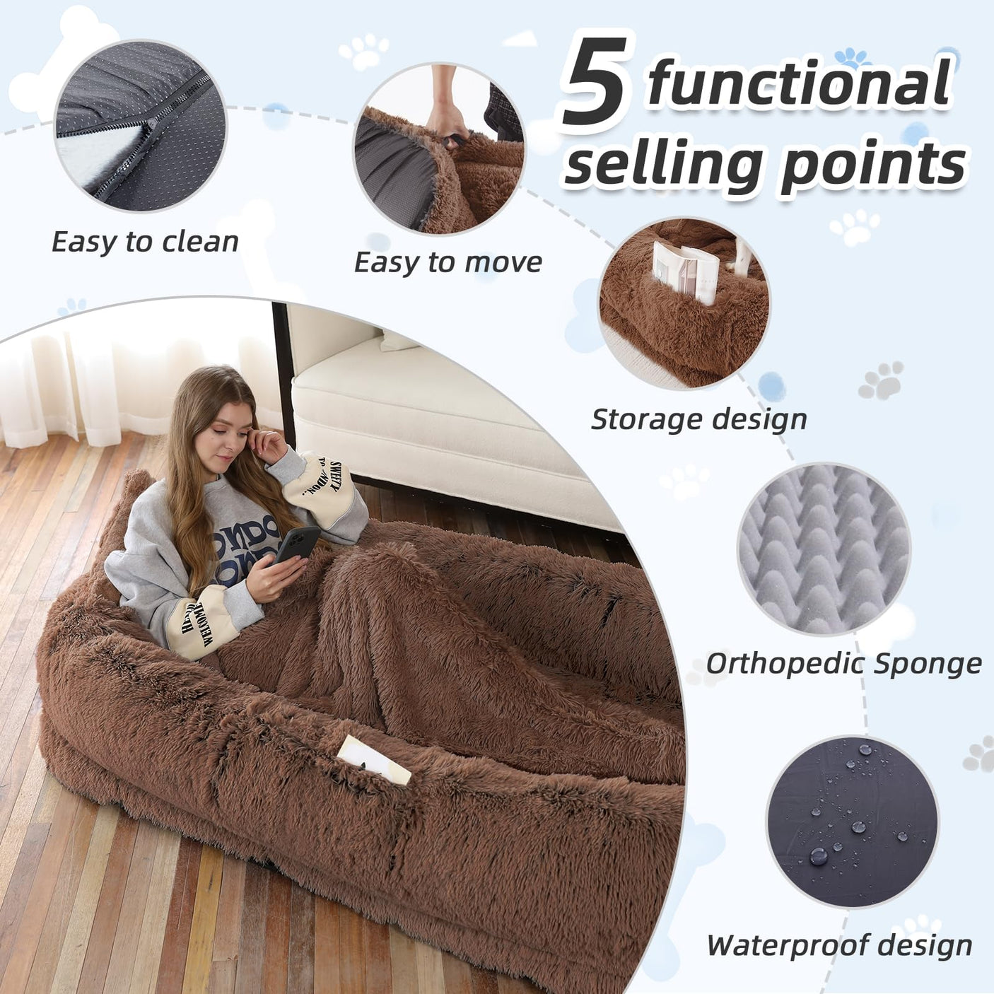 Human Dog Bed, Large Dog Beds for Humans Size Fits You and Pets, Washable Faux Fur Orthopedic Human Pet Bed for People Doze Off, Napping, Present Pillow, Blanket, Strap - Khaki