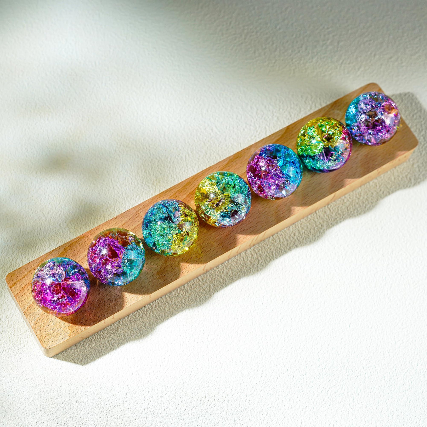 7 Chakra Natural Healing Spheres with LED Wooden Stand 40mm Crystal Quartz Stones for Meditation Positive Energy Night Light Decoration Balls Set for Home