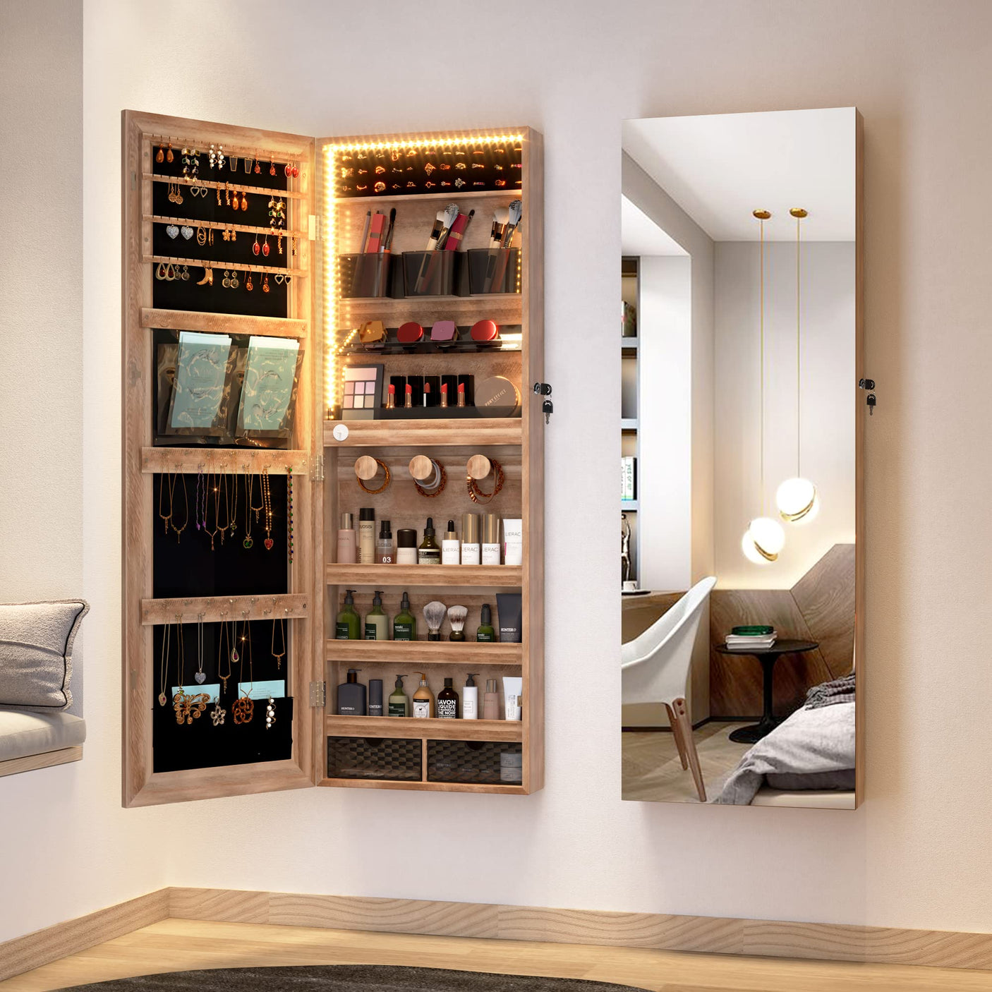 LVSOMT Wall/Door Hanging Mirror with Jewelry Storage, Lockable Jewelry Armoire Organizer with LED Lights, Mirror Jewelry Cabinet,Brown