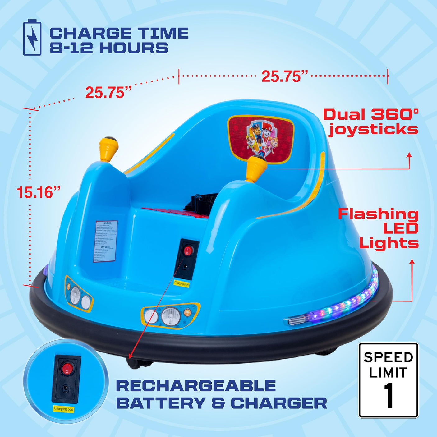 Flybar 6V Blue Glow Bumper Car for Kids – LED Ride-On Toy with 360° Spin, Rechargeable Battery, and Soft Rubber Bumpers – Safe Indoor Fun for Toddlers Ages 1.5+, Up to 66 lbs
