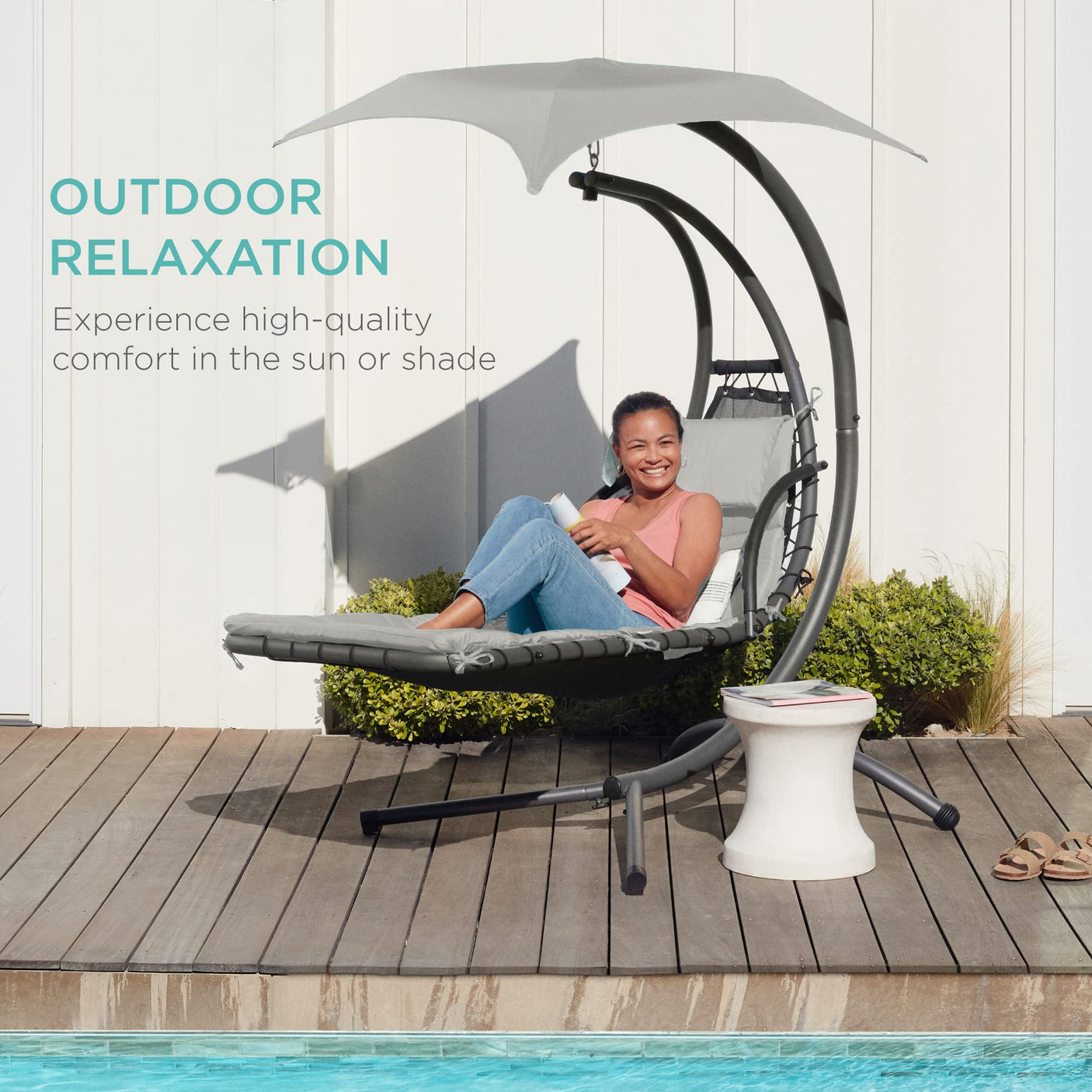Best Choice Products Outdoor Hanging Curved Steel Chaise Lounge Chair Swing w/Built-in Pillow and Removable Canopy -Red