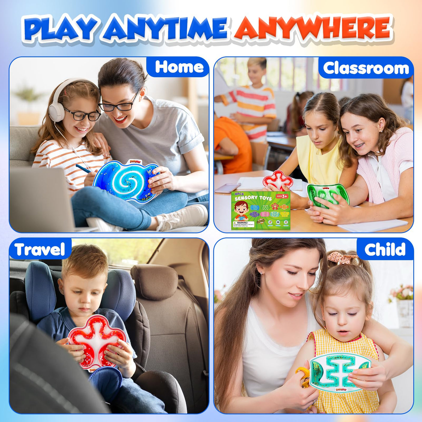 Squishy Sensory Toys for Kids - 4 Pack Fidget Toy Sensory Maze for Autism - Stress Relief Toys for Calm Down - Squeeze Fidget Toy Filled Goo, Glitter, Prizes for Kids Classroom,Classroom Must Haves