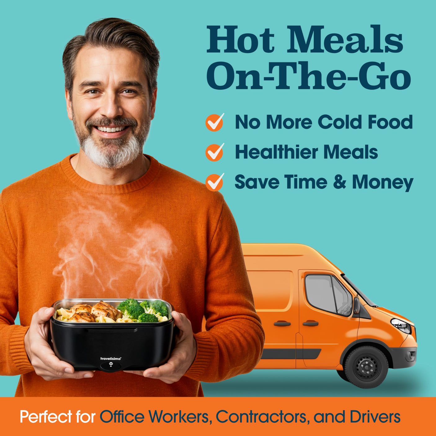 TRAVELISIMO Electric Lunch Box for Adults 80W Heated Lunch Box For Men 1.5L Stainless Steel Portable Food Warmer, 12/24/110V Electric Food Warmers for Travel & Work, Loncheras Para Hombres de Trabajo