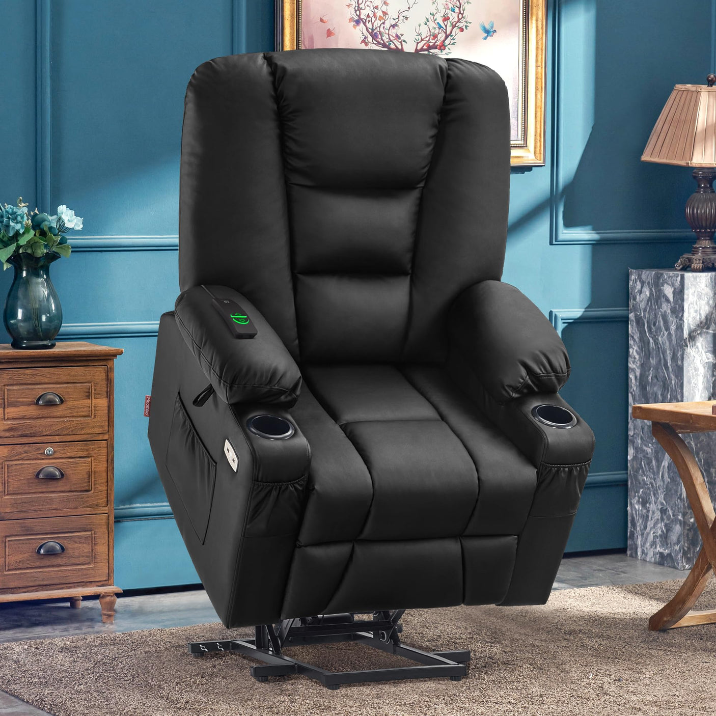 MCombo Power Lift Recliner Chair for Elderly, Lift Chair with Heat and Massage, USB Ports, Cup Holders, Faux Leather 7519 (Medium, Dark Brown)