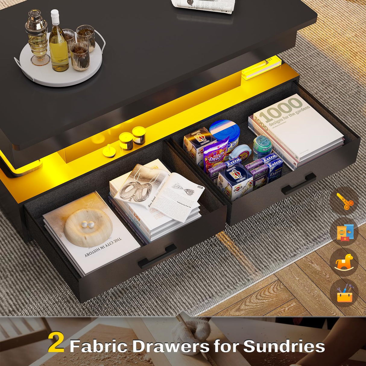 SEDETA 40" Lift Top Coffee Table, Coffee Tables with Storage for Living Room, Small Coffee Table with 2 Fabric Drawers & LED Light for Dining Reception Room, Black