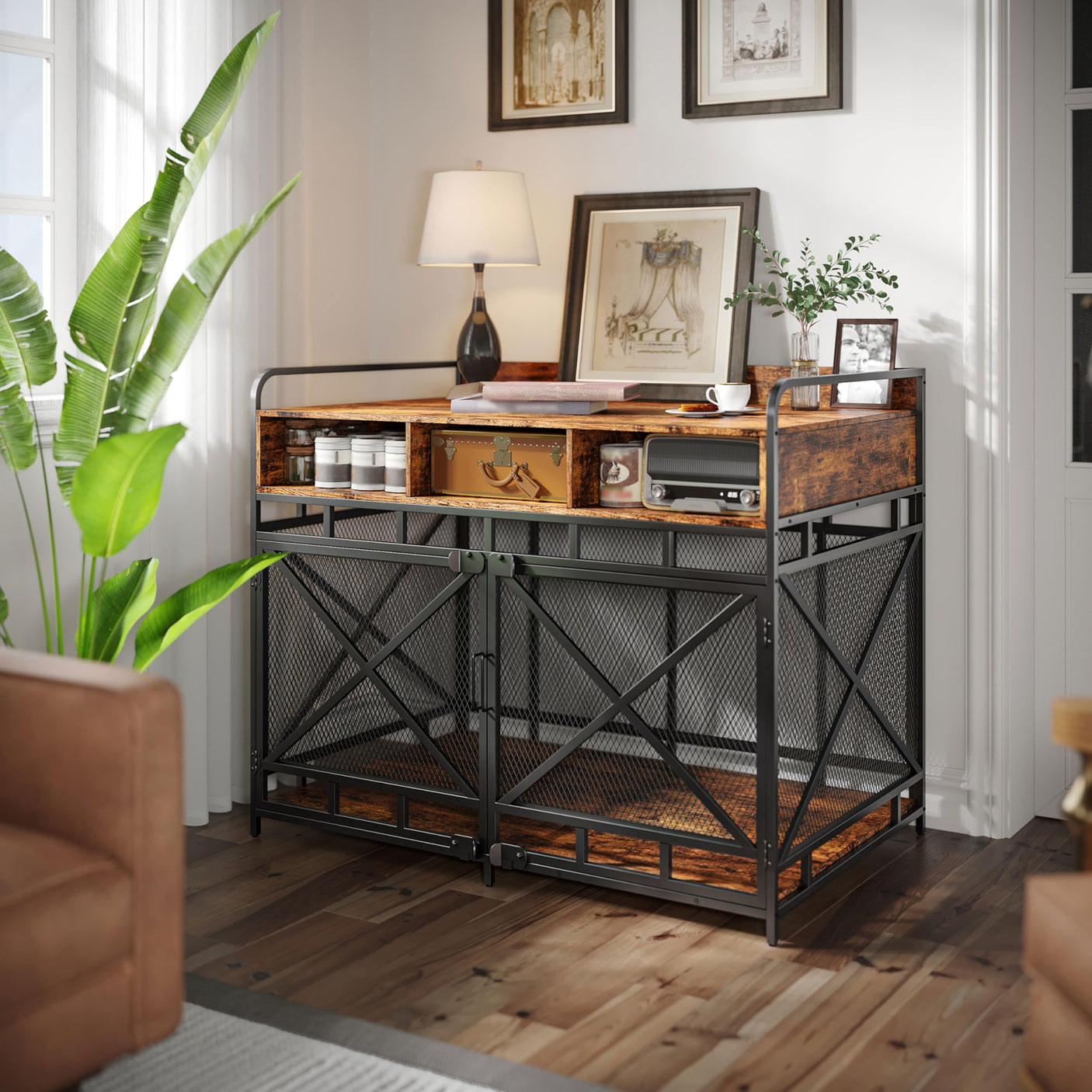 Dog Crate Furniture, 43 Inch Large Dog Kennel End Table with 3 Drawers, Heavy Duty Dog Crate for Large Dogs, Wooden Decorative XL Dog Cage Indoor 43.3" L x 27.6" W x 35.7" H (Rustic Brown)