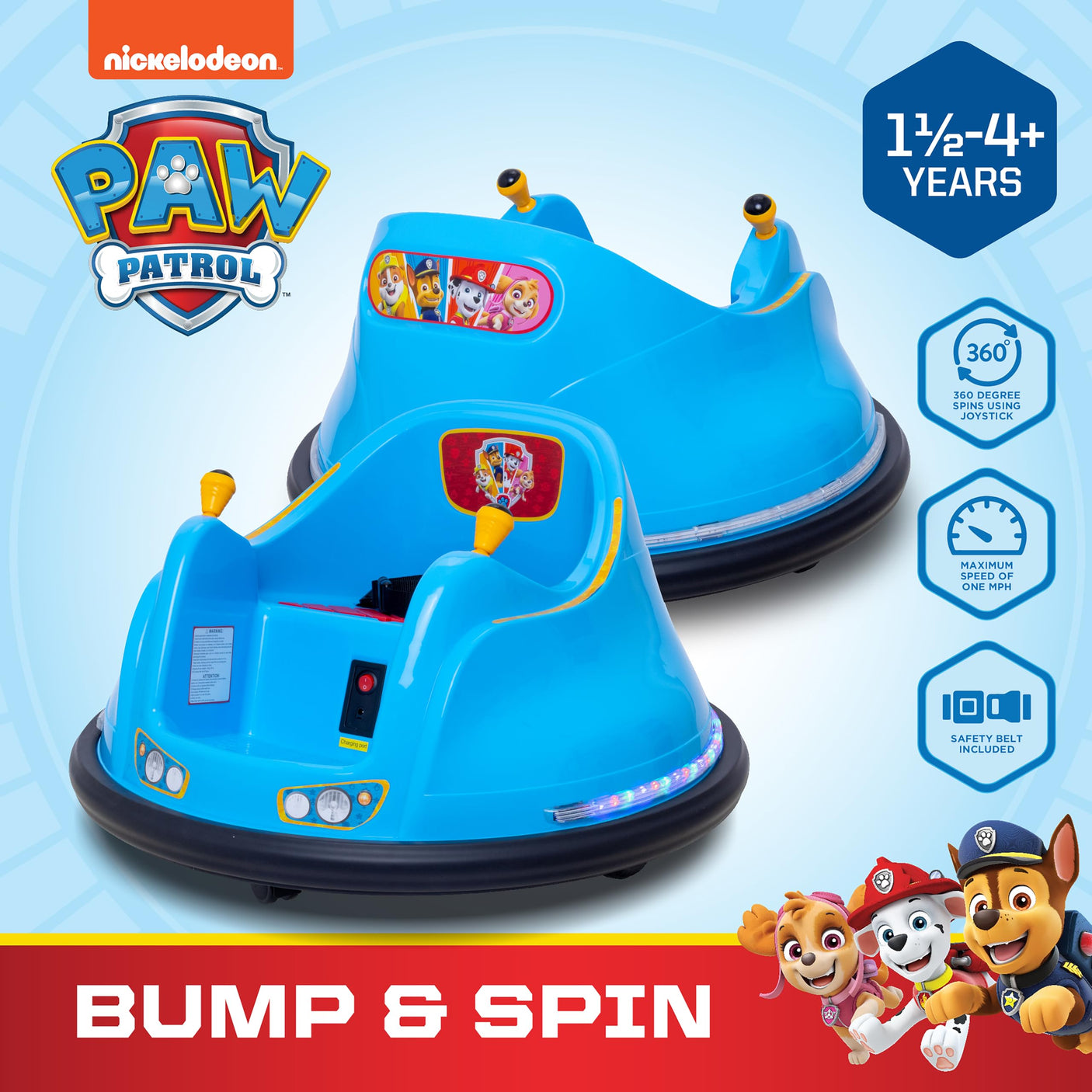 Flybar 6V Blue Glow Bumper Car for Kids – LED Ride-On Toy with 360° Spin, Rechargeable Battery, and Soft Rubber Bumpers – Safe Indoor Fun for Toddlers Ages 1.5+, Up to 66 lbs