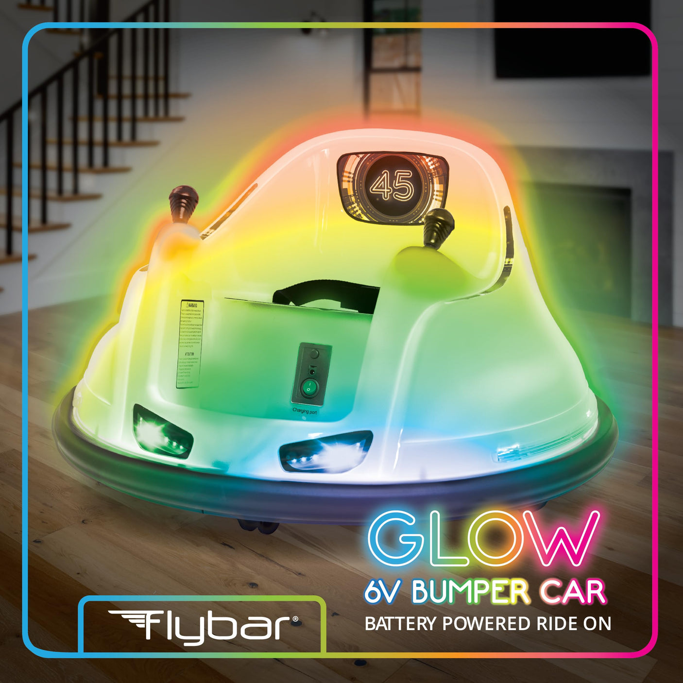 Flybar 6V Blue Glow Bumper Car for Kids – LED Ride-On Toy with 360° Spin, Rechargeable Battery, and Soft Rubber Bumpers – Safe Indoor Fun for Toddlers Ages 1.5+, Up to 66 lbs