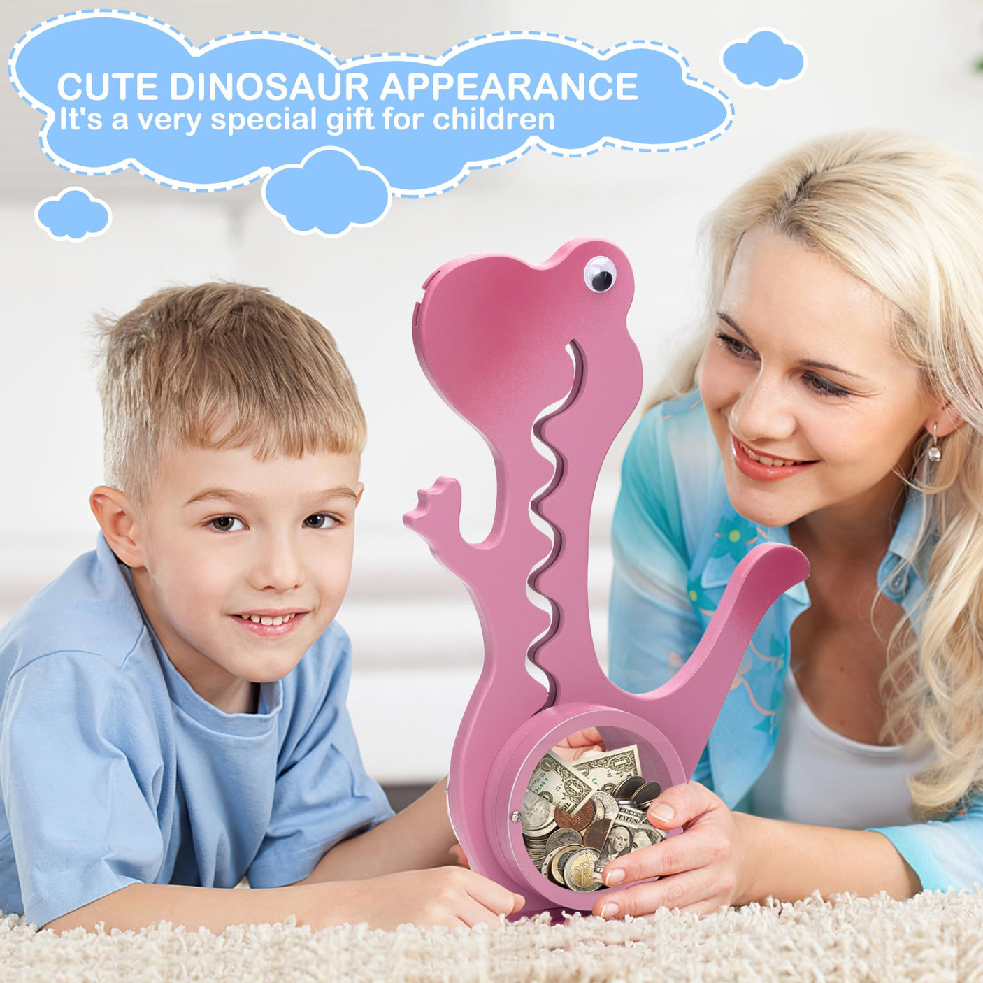 Wooden Dinosaur Piggy Bank Boalord for Boys Kids Girls Clear Big Belly Animal Coin Bank for Toddler Real Money Toy（Dino-Blue）