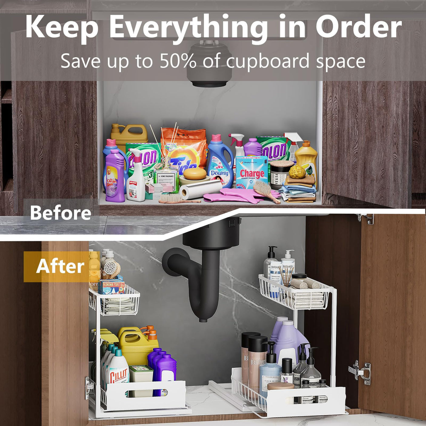 Under Sink Organizers and Storage 2 Tier Slide Out Kitchen Cabinet Organizer Sturdy Metal Bathroom Storage (Black, 1 Pack)