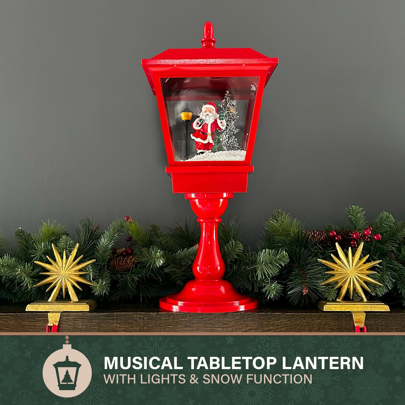 Fraser Hill Farm 29-in. Snowing Musical Christmas Tree with Warm White LED Lights, 25 Christmas Carols, Decorations, Star Topper, and Red Umbrella Base, Festive Xmas Decor for Foyer and Family Room
