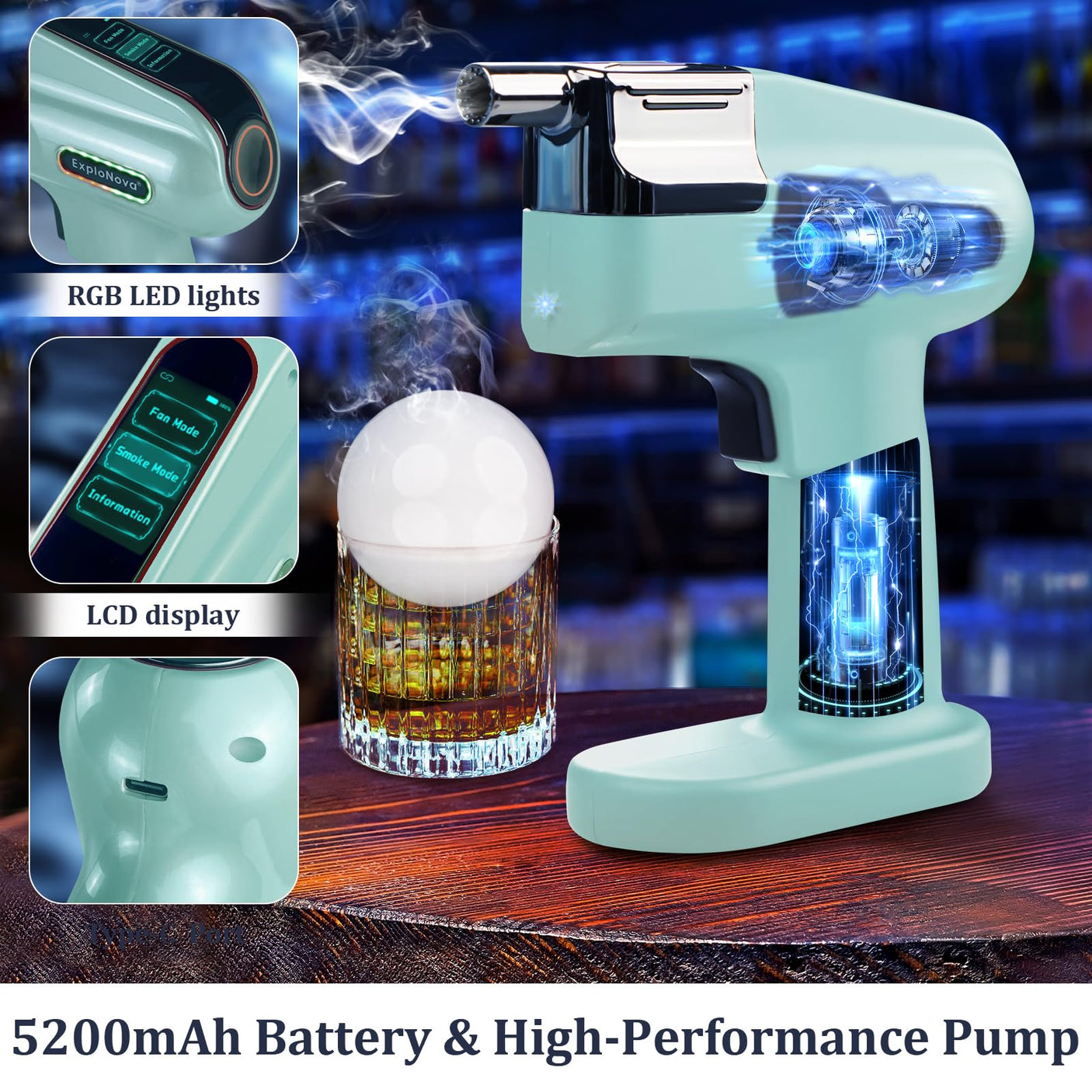 Cocktail Bubble Smoke Gun with 5 Flavour Aroma Pods and Edible Bubbles, Electric Bubble Smoke Machine, Food Drink Decor Perfect for Bar, Party and Home, Gift for Engagement & Birthday