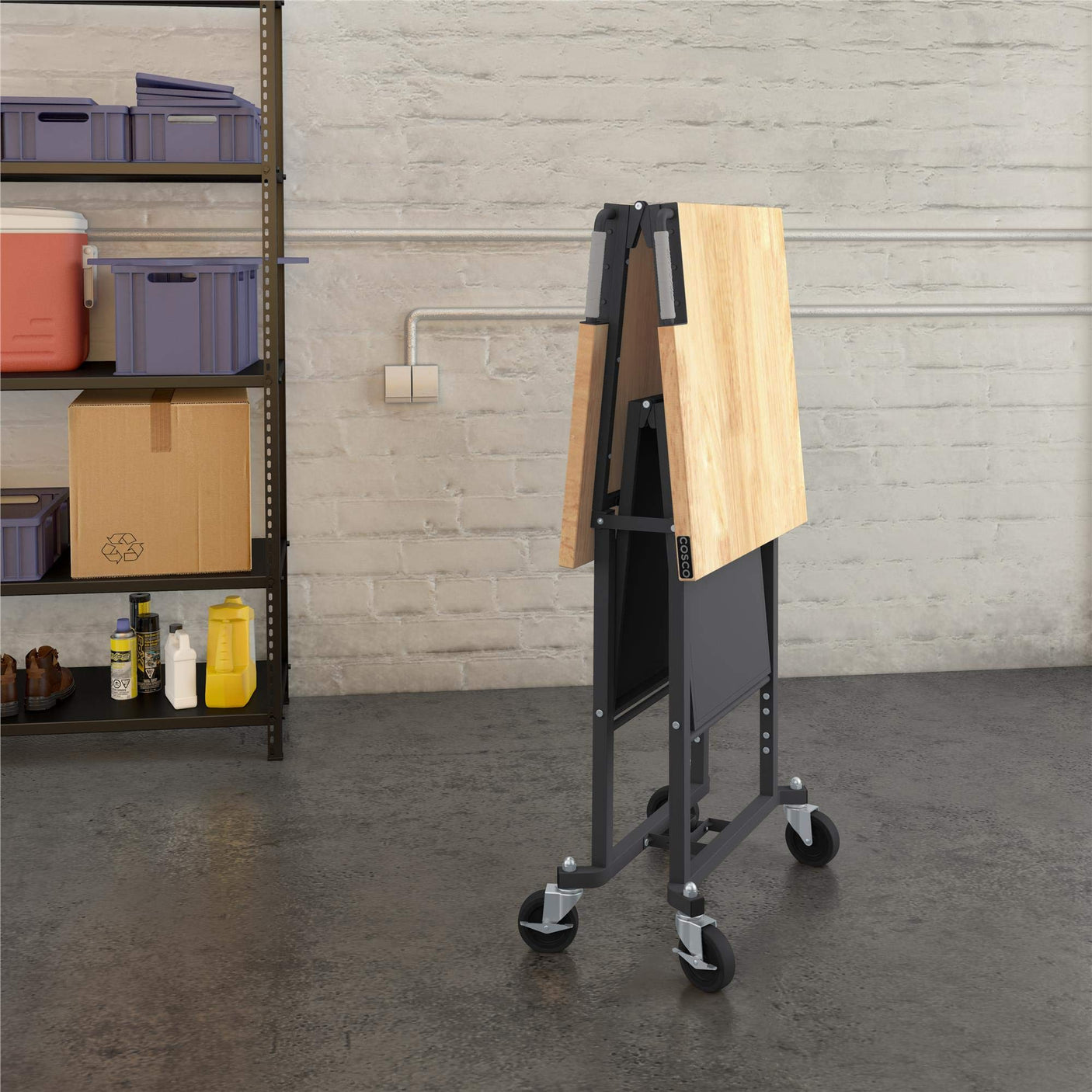 COSCO SmartFold Butcher Block Portable Workbench / Folding Utility Table (Hardwood Top, 700LB Total Weight Capacity, Locking Casters, Gray Steel Frame, 1 Pack)