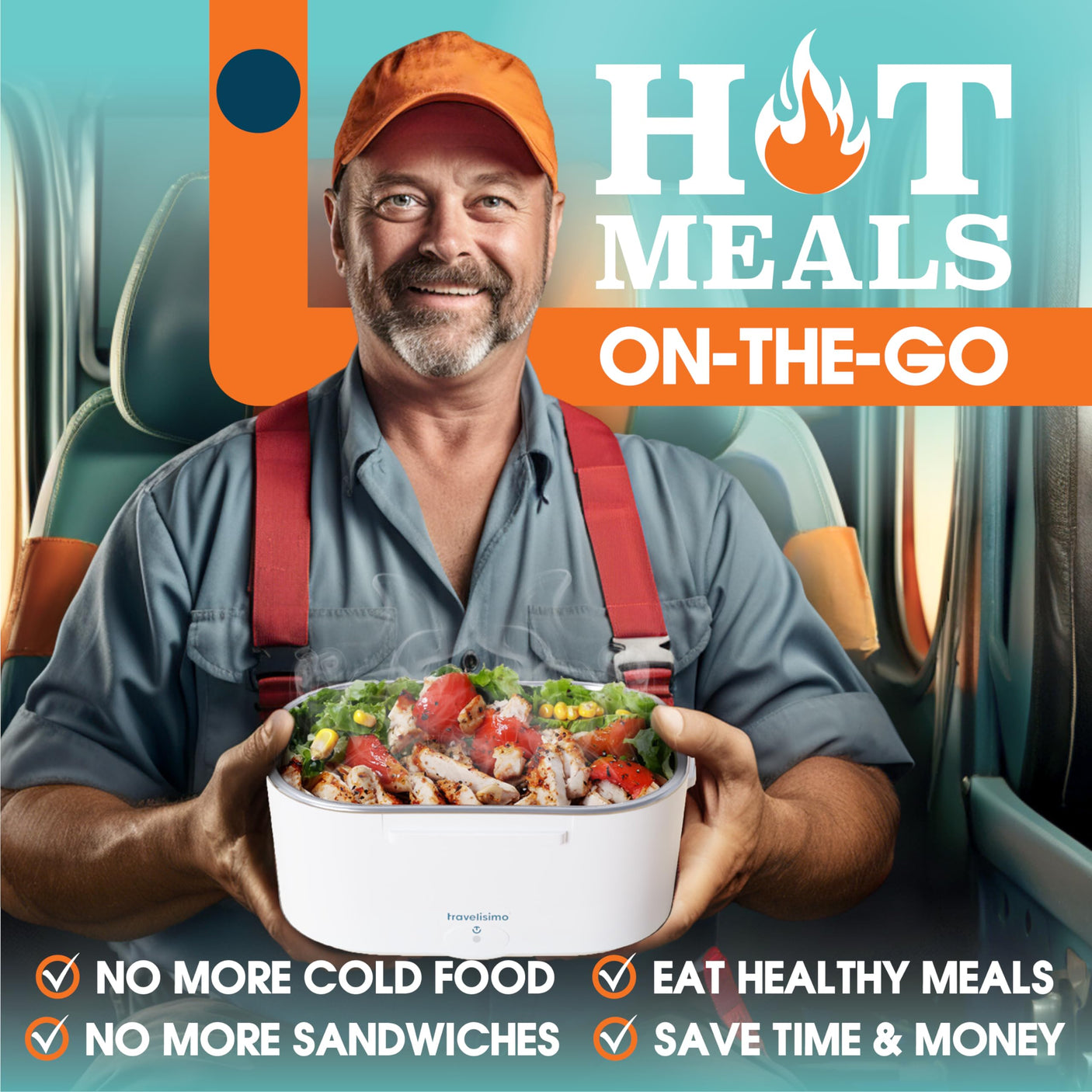 TRAVELISIMO Electric Lunch Box for Adults 80W Heated Lunch Box For Men 1.5L Stainless Steel Portable Food Warmer, 12/24/110V Electric Food Warmers for Travel & Work, Loncheras Para Hombres de Trabajo