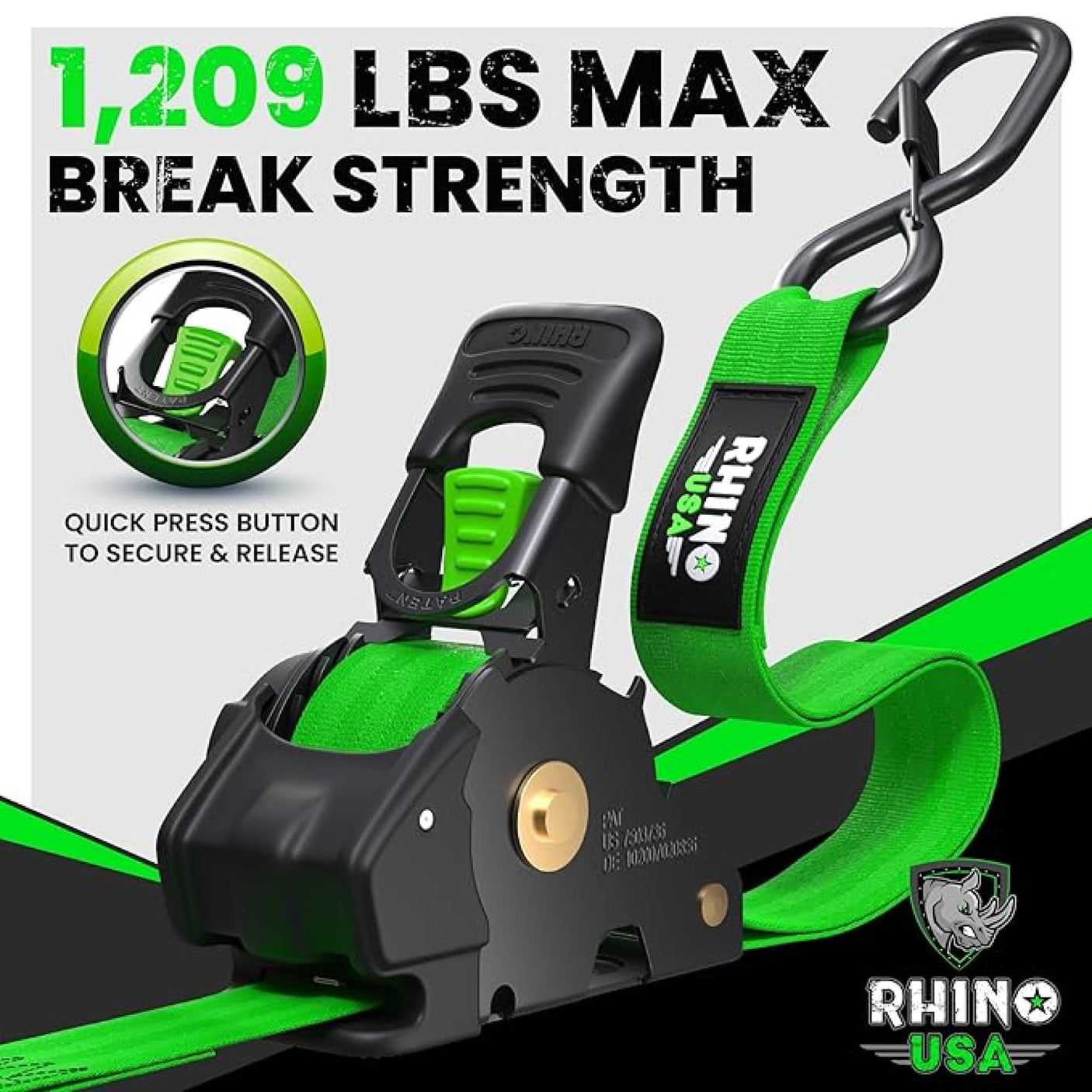 Rhino USA Retractable Ratchet Straps (4-Pack) - 1 Inch x 10 Feet (1,209lb Break Strength) - Heavy Duty Auto Self Retracting Tie Down Straps for Truck, Cargo Trailer, Motorcycle, Rad & More - Green