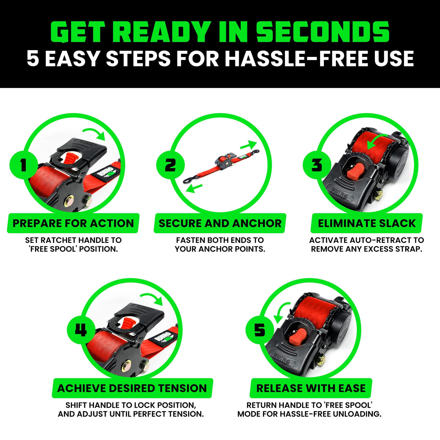 Rhino USA Retractable Ratchet Straps (4-Pack) - 1 Inch x 10 Feet (1,209lb Break Strength) - Heavy Duty Auto Self Retracting Tie Down Straps for Truck, Cargo Trailer, Motorcycle, Rad & More - Green