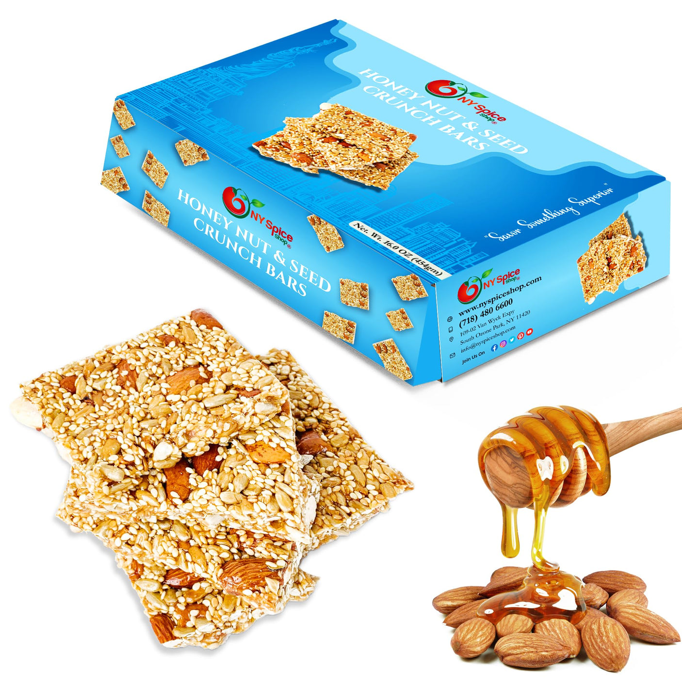 NY SPICE SHOP Honey Nut and Seed Crunch Bars – 1 Pound (16 oz.) Honey Sesame Brittle – Sesame Seed Candy – Sesame Seed Honey Bars – Great Snack & Crunchy Flavour