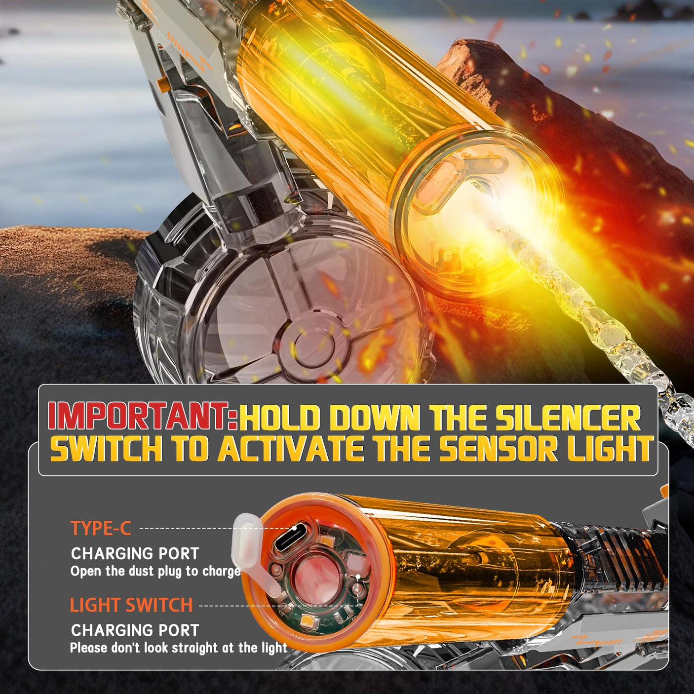 Powerful Electric Water Gun, Glowing Silencer, Automatic Squirt Gun up to 32Ft Long Range, 300 Water Shots, Classic Strong Squirt Gun, Summer Outdoor Swimming Pool Water Toy for Adult/Kids Gray