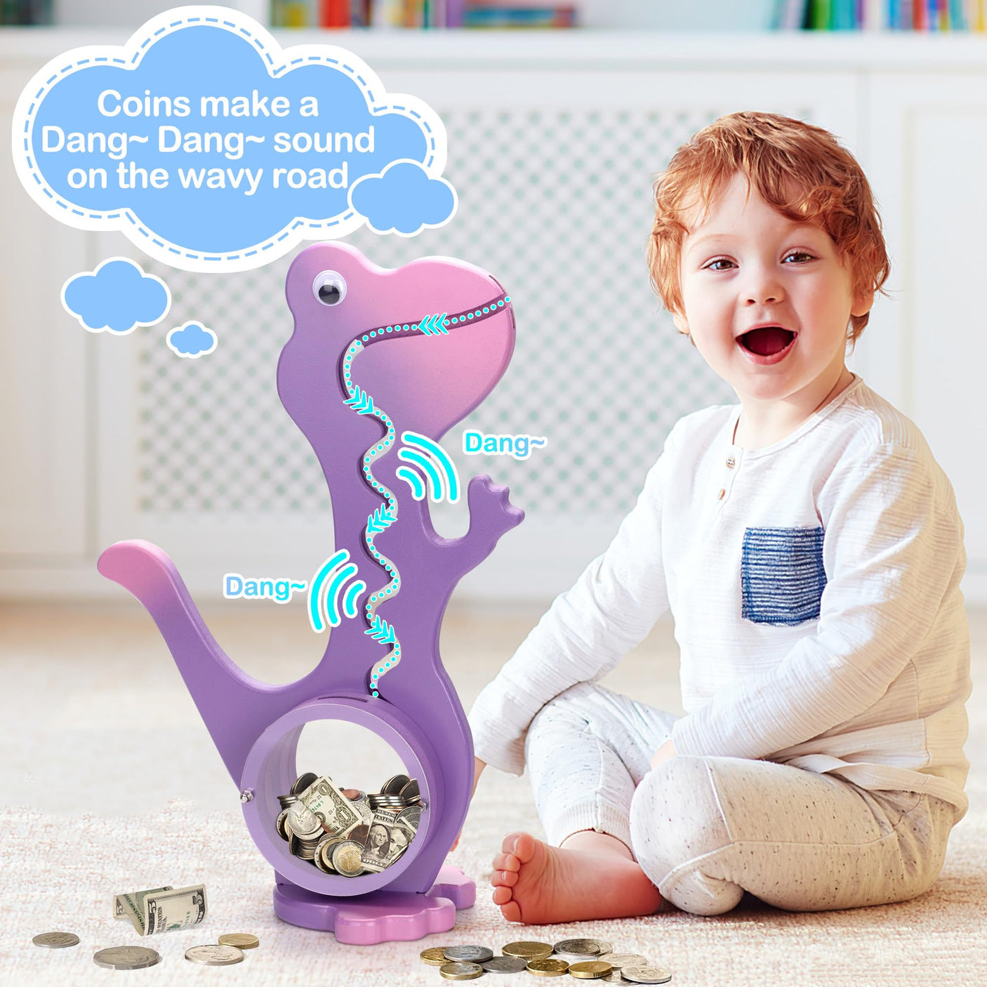 Wooden Dinosaur Piggy Bank Boalord for Boys Kids Girls Clear Big Belly Animal Coin Bank for Toddler Real Money Toy（Dino-Blue）